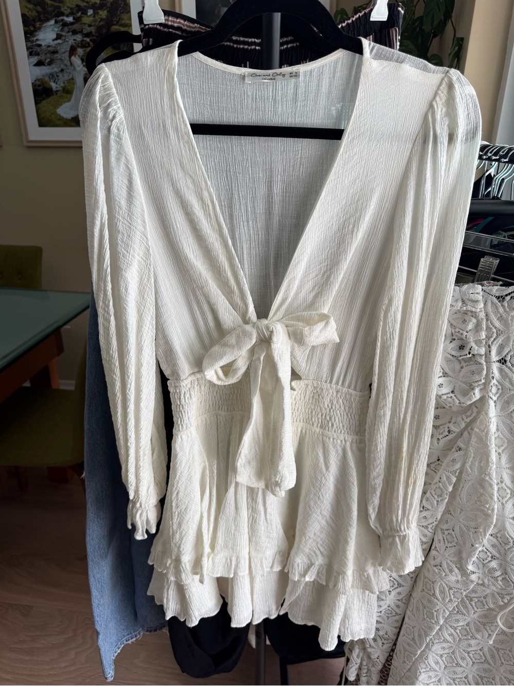 White Tie-Front Ruffled Long Sleeve Mini Dress XS